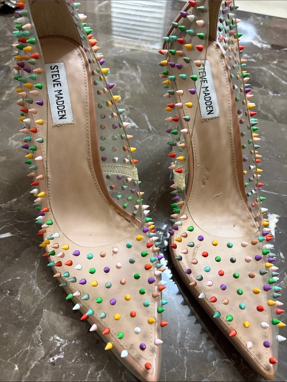 Steve Madden Nude Pointed Spike Pumps with Multicolor Studs